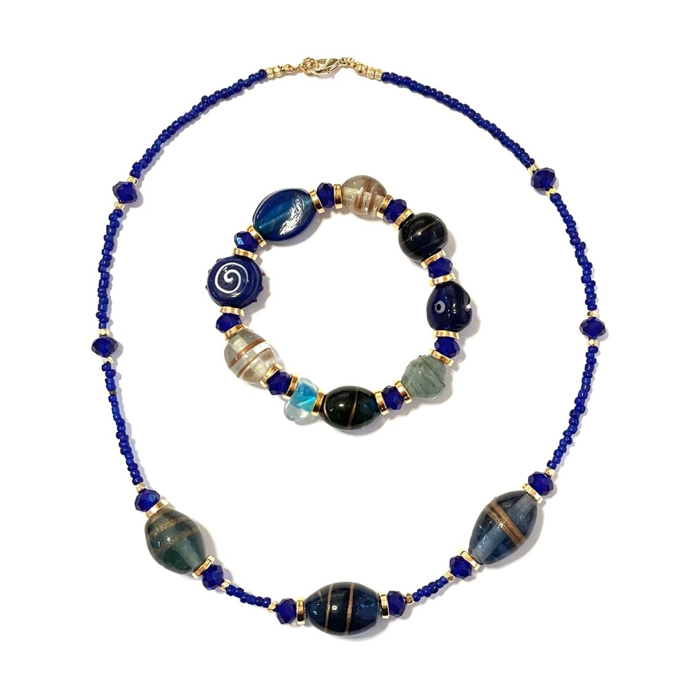 Glass Murano Necklace and Bracelet Blue Glass and Crystals